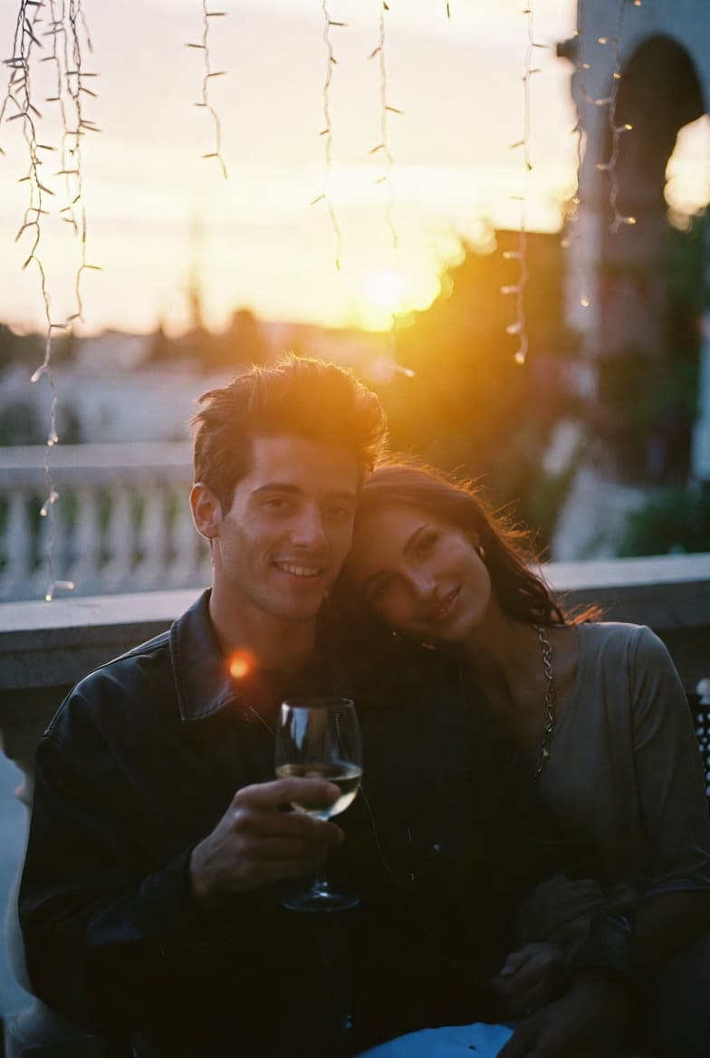 Couple partageant un verre et riant au coucher du soleil