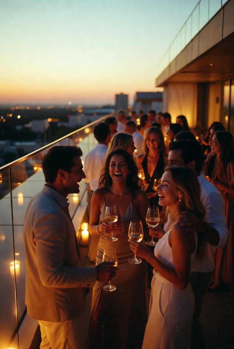 Groupe d'amis complices riant ensemble dans la lumière dorée du soir